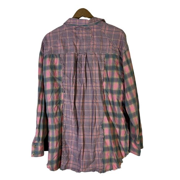We The Free Plaid Oversized Top Size M Pink Collared 100% Cotton Grunge Boho - Picture 4 of 6